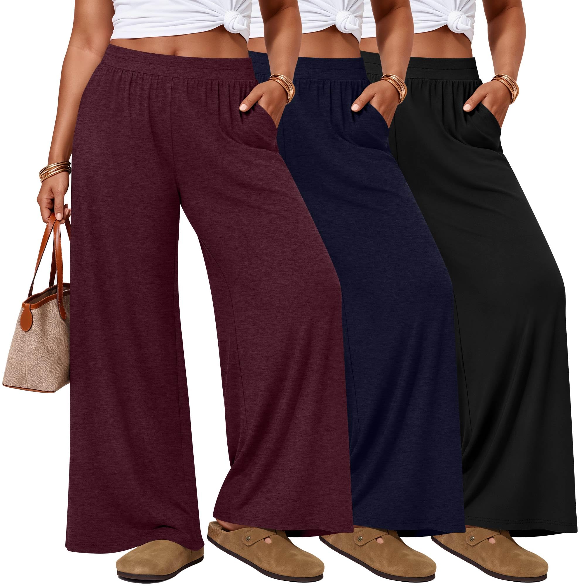 Evervibe 3 Pack Women's Plus Size Pants Wide Leg Lounge Pants