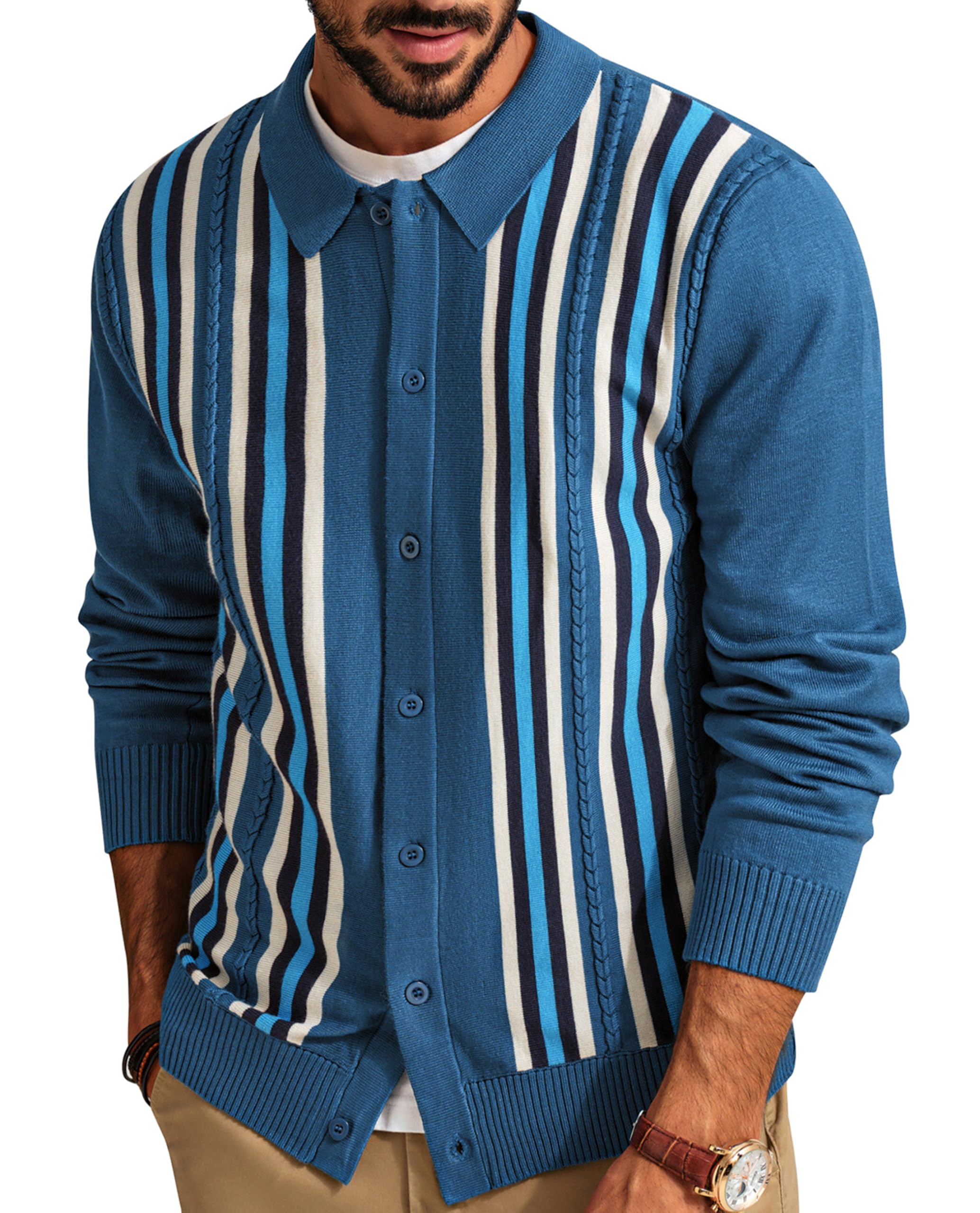 PJ PAUL JONES Mens Cardigan Vintage Striped Knit Sweaters