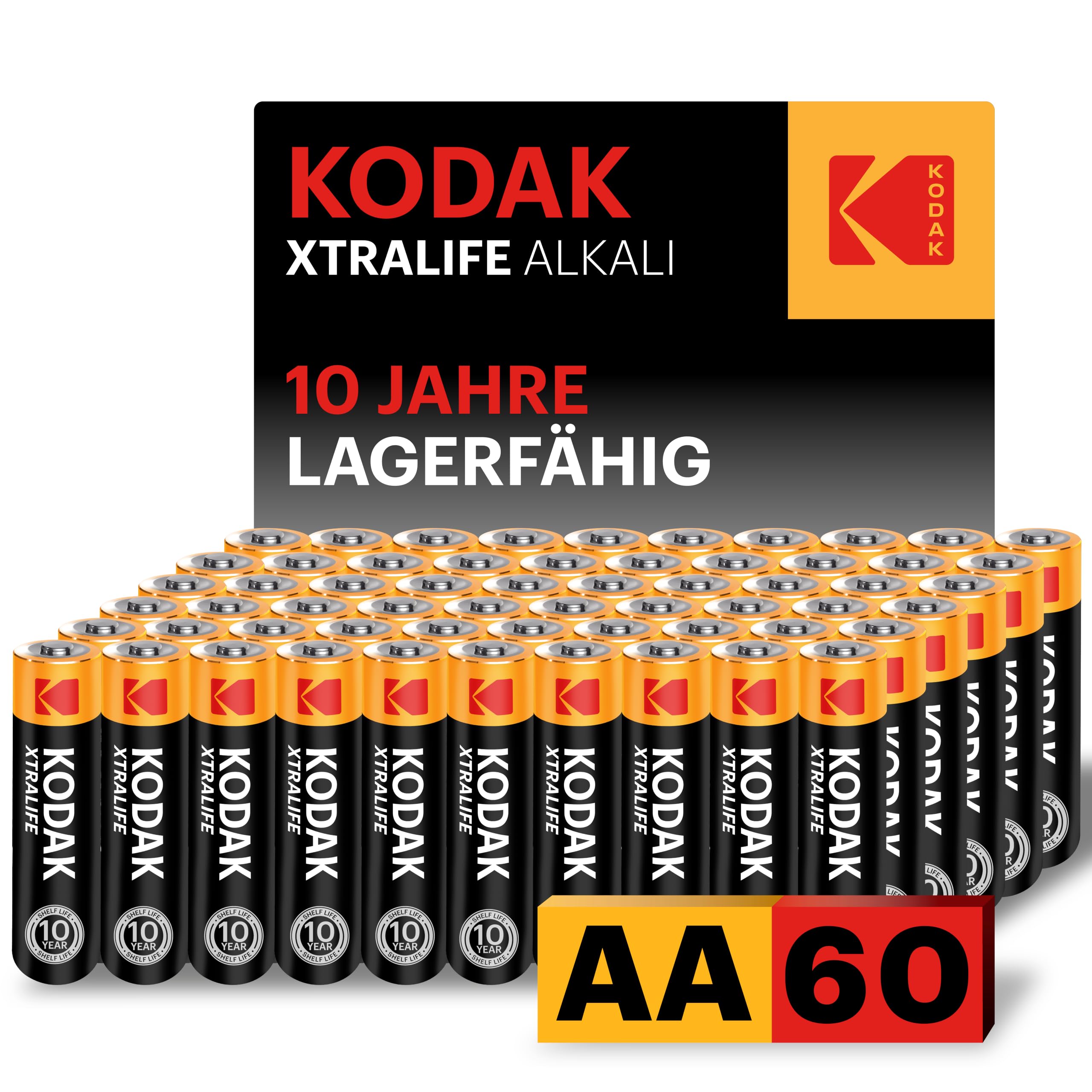 Kodak Xtralife 60-Pack AA Batteries, Double A Alkaline Battery Pack, 1.5V, 10-Ye