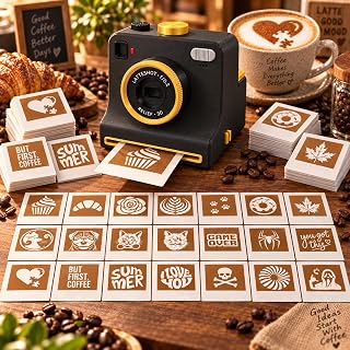 3D-Printed Latte Art Camera Stencil Tool (Black,All) | One-Touch Latte art Camera - 3d Coffee stencil Printer Kit For custom Drink Designs For Cappuccino, Milk Foam, Hot