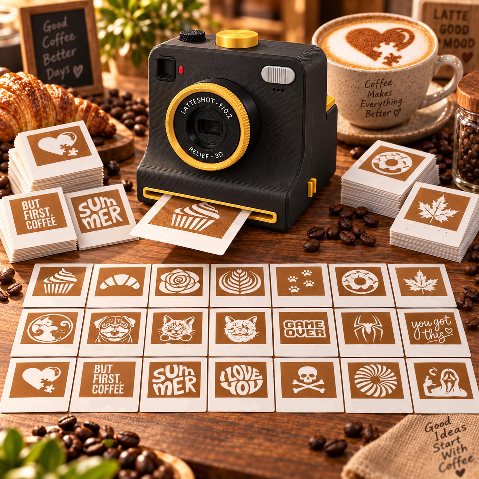 3D-Printed Latte Art Camera Stencil Tool (Black,All) | One-Touch Latte art Camer