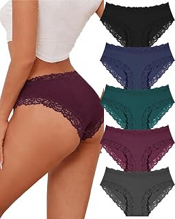 FINETOO 5er Women's Cotton Briefs with Lace Underwear Soft Low Waist Sexy Panties