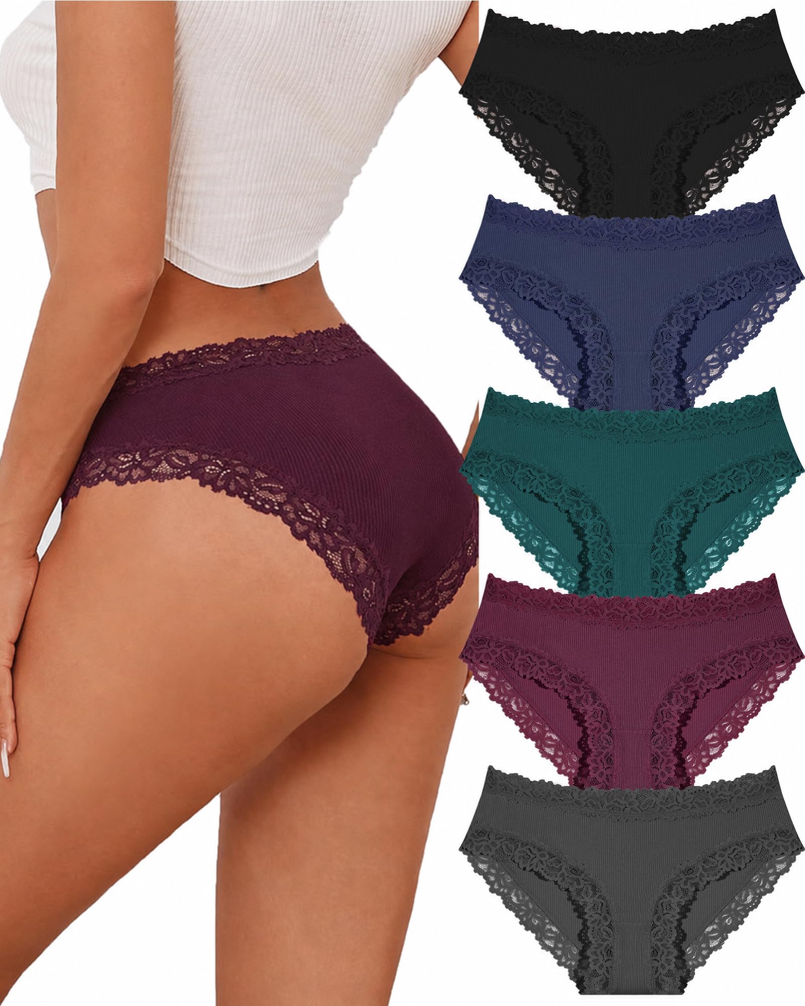 FINETOO 5er Women's Cotton Briefs with Lace Underwear Soft Low Waist Sexy Pantie