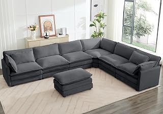 ROWHY 150'' Modular Sectional Corner Cloud Couch, 7 Seater Sofa Big Comfy Corduroy V Shaped Couch with 4 Throw Pillows, Movable Ottoman, Couches for Living Room Office Dark Grey