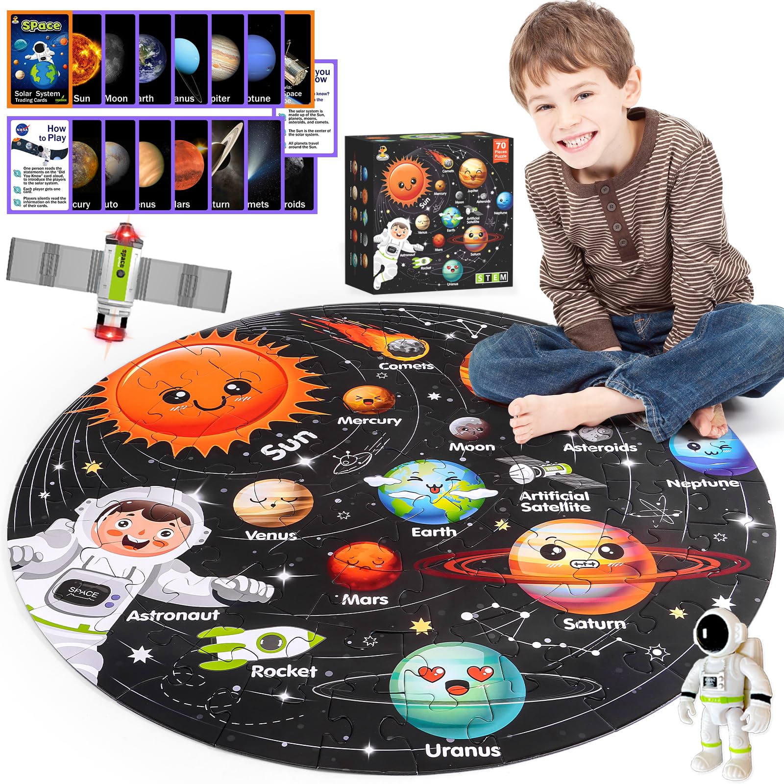 COOLDUCK Solar System Puzzle 70 Piece with Flash Cards for Kids Ages 4-8 | Flash