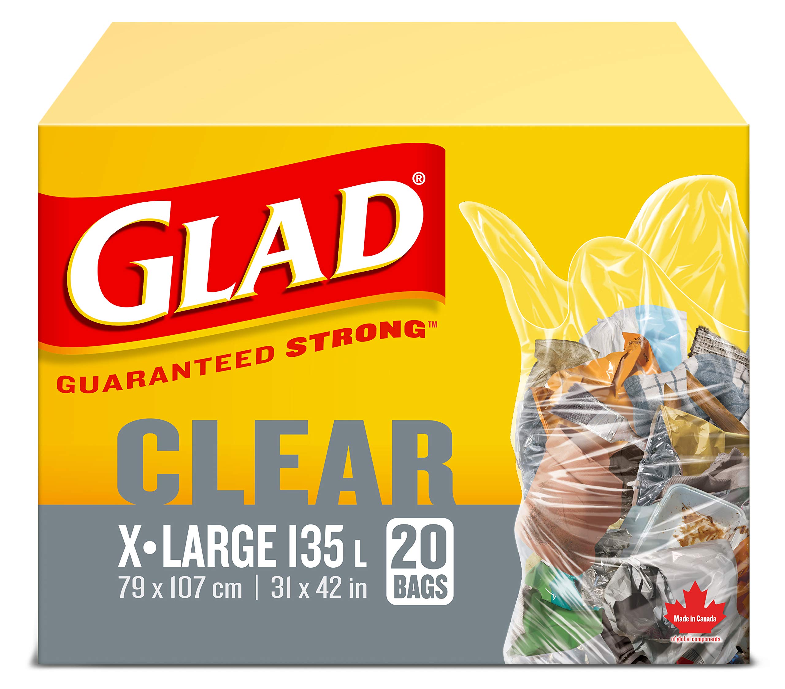 Glad Clear Garbage Bags - Extra-Large 135 Litres - 20 Trash Bags, Made in Canada