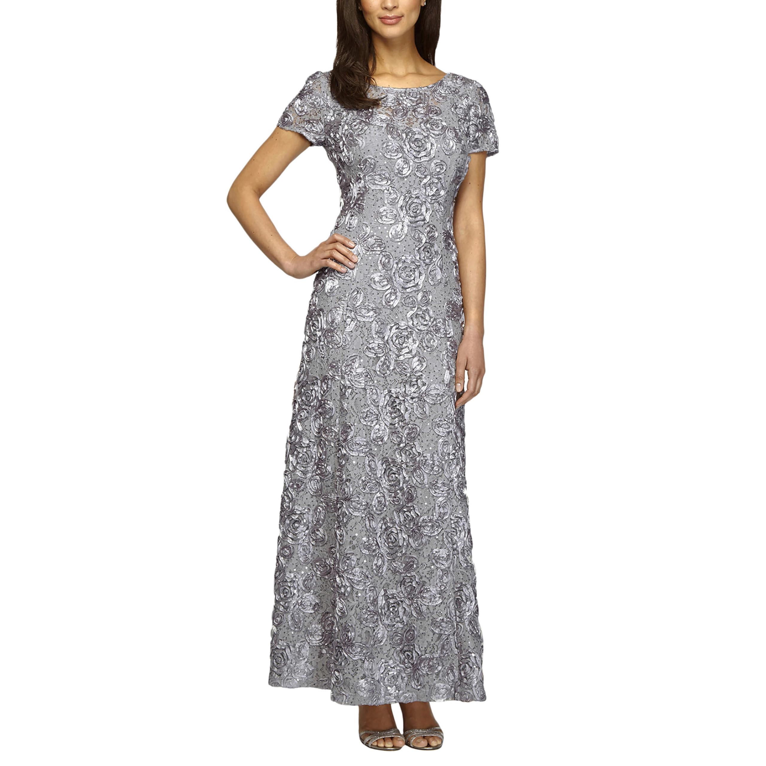 Alex Evenings Long Rosette Mother of The Bride Dress with Short Sleeves, Formal 