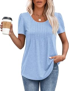 MOLERANI Summer T-Shirts For Women Round Neck Pleated T-Shirt Sky Blue L