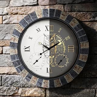 BBALOVEDRE 18 Inch Outdoor Clocks Waterproof with Thermometer Hygrometer | Large Illuminated Outdoor Wall Clock,Smart Night Light Patio Outdoor Clock with Gray Faux Slate Finish for Garden,Pool,Porch