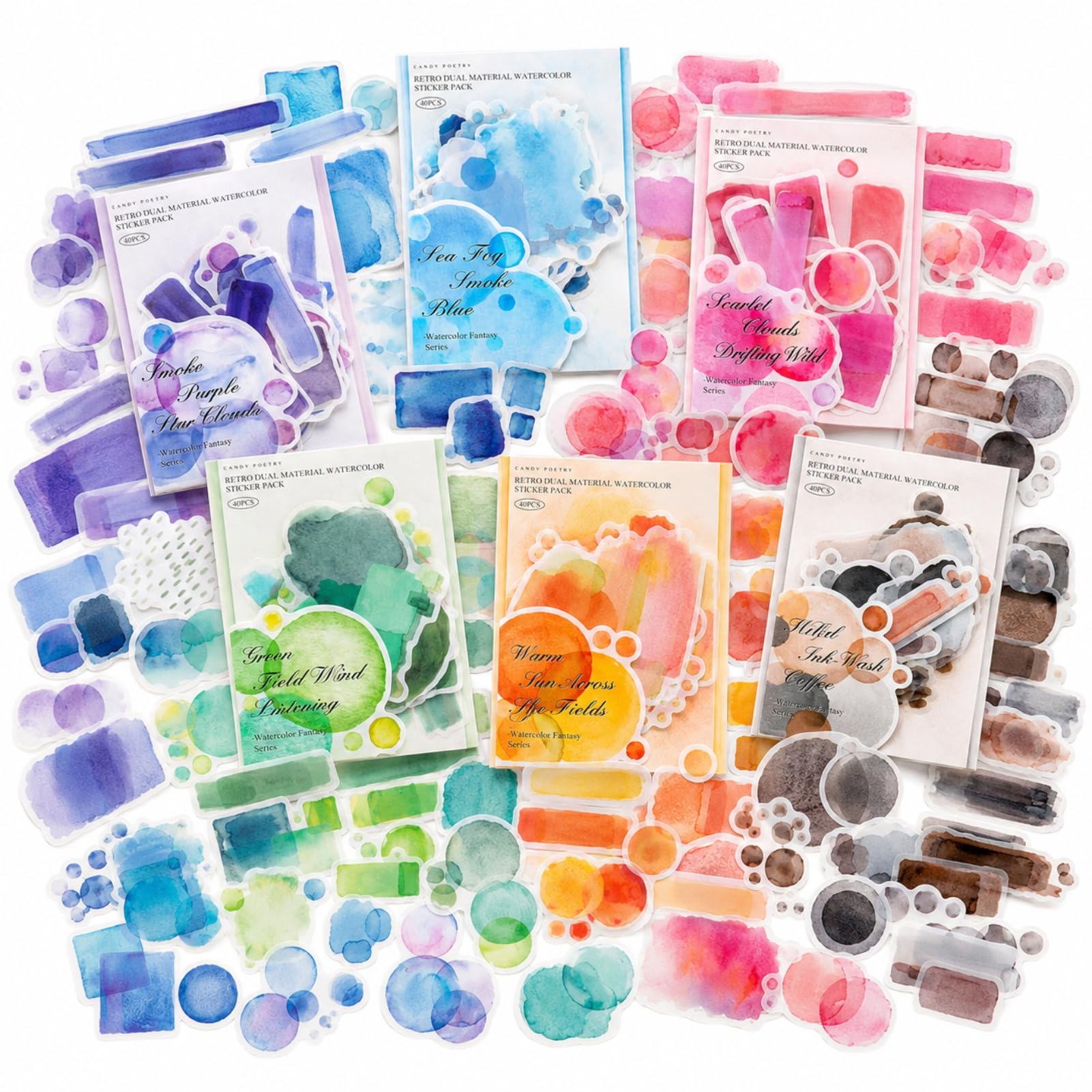 Zensuudor Abstract Watercolor Stickers, 240pcs PET & Washi for Journaling | 6 Co