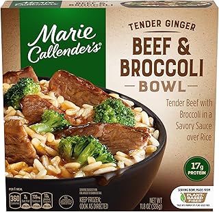 Marie Callender's, Marie Callender's Tender Ginger Beef and Broccoli Bowl | Good source of protein, 17g per serving; 3g fiber per serving; microwave frozen meal for one; convenient comfort food
