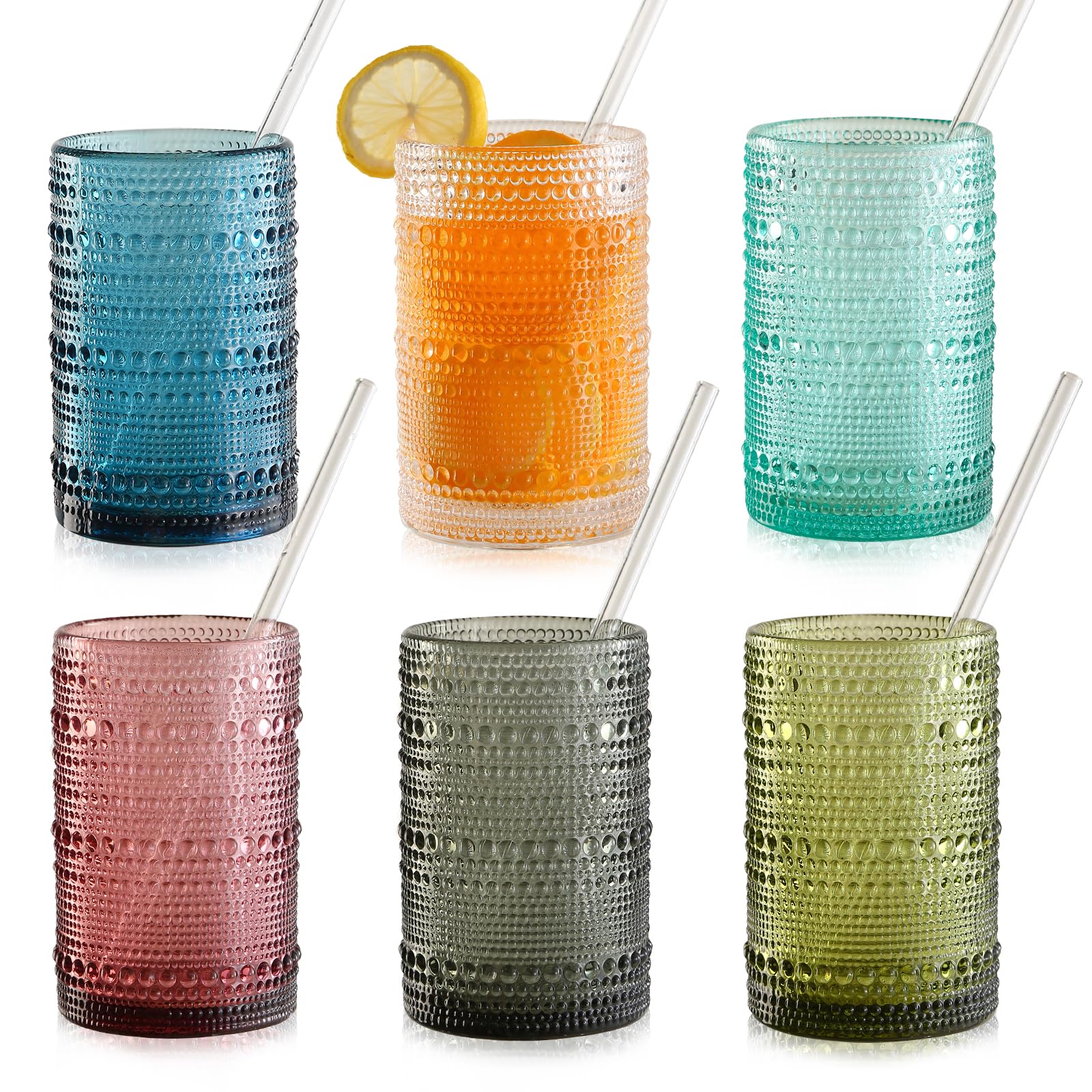KMIGRUAN 15oz Colored Hobnail Drinking Glasses Set of 6,Vintage Kitchen Glasswar