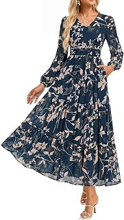 GRACE KARIN Women's Elegant V-Neck Long Sleeve Floral Dress