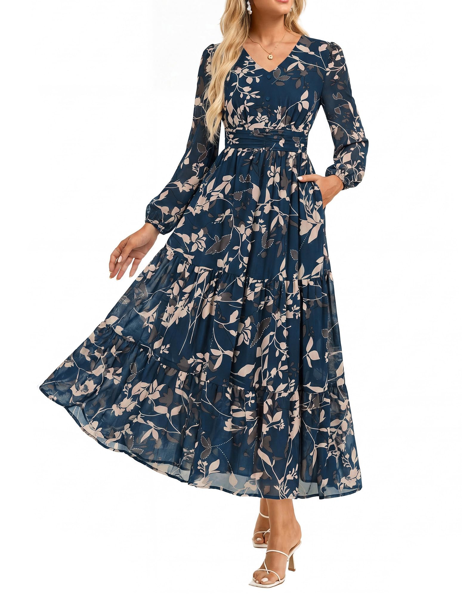 GRACE KARIN Women's Elegant V-Neck Long Sleeve Floral Dress