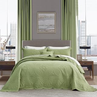 Full size Bedspread Set, 5‑Pce Reversible Quilt Set 96x110 Sage Green