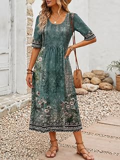 Abito midi da donna con stampa floreale, casual, vestibilità ampia, a mezza manica, leggero, per ufficio, viaggi, appuntamenti, fine settimana