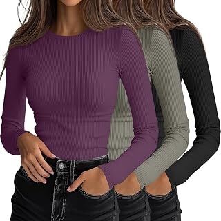 Ficerd - Pack of 3 Women's Long Sleeve T-Shirts Slim Fit Round Neck Casual Ribbed Knit Tops