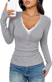 PRETTYGARDEN Women's Lace Trim Ribbed Knit Henley Long Sleeve Shirts