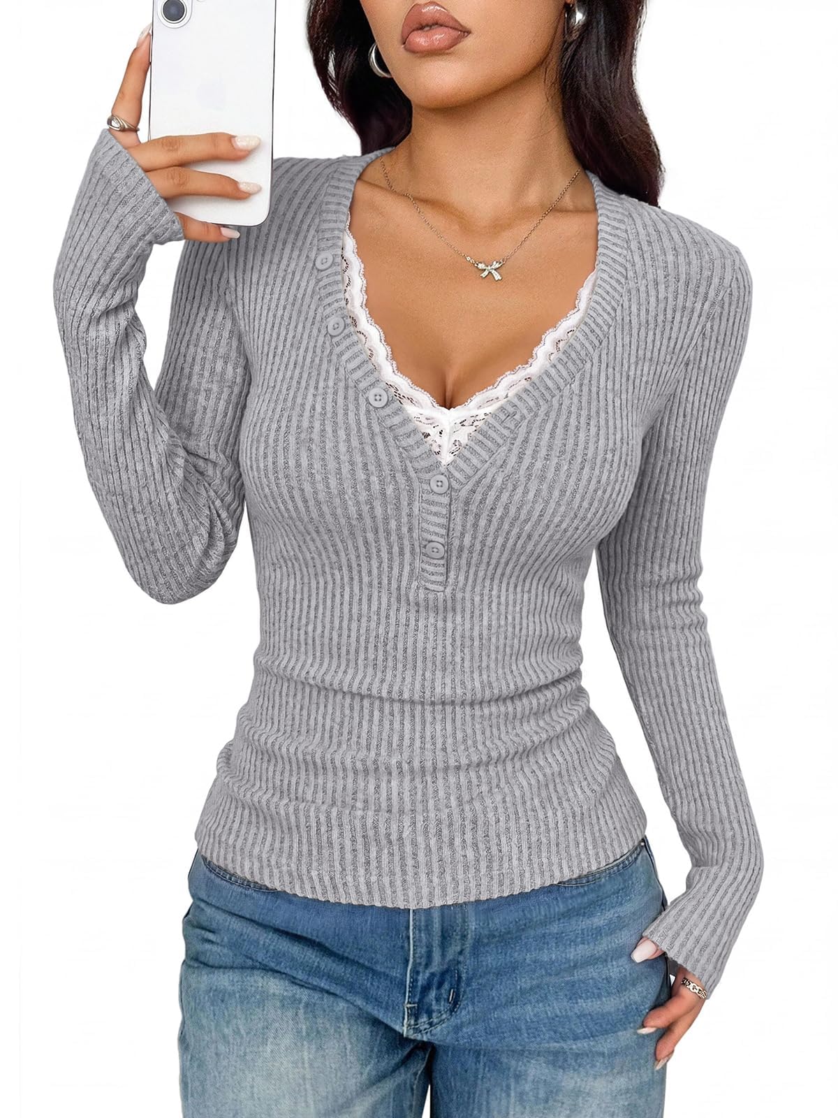 PRETTYGARDEN Women's Lace Trim Ribbed Knit Henley Long Sleeve Shirts