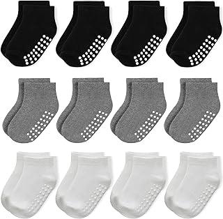 JAKIDAR 12 Pair Baby Toddler Socks Non-Slip Grip Cotton Ankle Socks for Boys Girls Non Skid Soles for Infants Kids