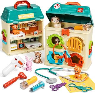 Lehoo Castle Kids Doctors Play Set, Toddler Critter Clinic Doctor Kit Toys | Portable Lock and Key Pet Care Toy, Animal Hospital with 4 Pets, Pretend Play Vet Set, Birthday Gifts for Girls Boys 3 4 5 6