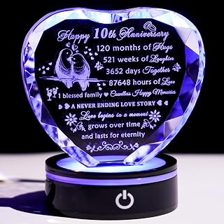 10th Wedding Anniversary Crystal Heart Gifts for Couples with LED Base, Laser Engraved Happy 10th Anniversary Keepsake Gifts for Wife Husband, Romantic 10 Years of Marriage Gift for Her Him