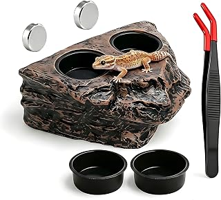 ChiiGe Magnetic Crested Gecko Feeding Ledge with Tongs, 4-Cup Rock Feeder | Made of pet-safe rock plastic for arboreal tanks, this dual-magnet dish stays secure, paired with 6.29in feeding tweezers