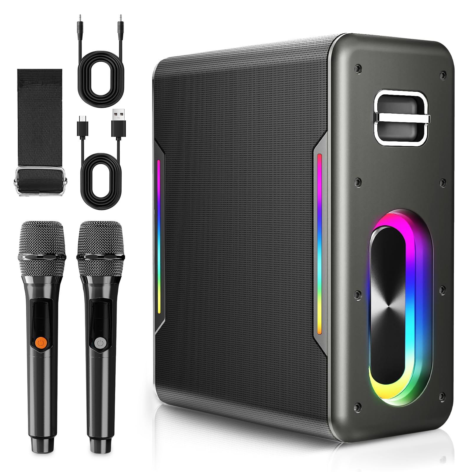 Portable Karaoke Machine, with 2 Wireless Microphones & LED Party Lights | Bluet
