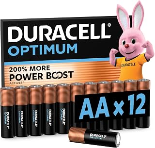 DURACELL Optimum AA Alkaline Batteries (12 Pack) 1.5V, LR06 | Double A Battery - 200% More Power Boost Actives - For High Drain Devices - Surveillance Systems - 100% Recyclable Packaging