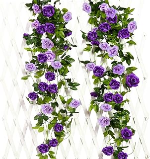 JUSTOYOU 2 Pack (15.8FT) Fake Rose Garland, Artificial Roses Vines Flower Garland Hanging Floral Vine Wedding Home Backdrop Party Arch Arrangement Decoration