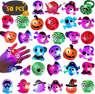 50 PCS Halloween LED Rings for Kids, Light Up Ring Toys Flash LED Ring Glow in the Dark Halloween Party Favors, Trick or Treat Toys Prizes Goodie Bags Fillers Decoration Flashing Rings with Gift Box