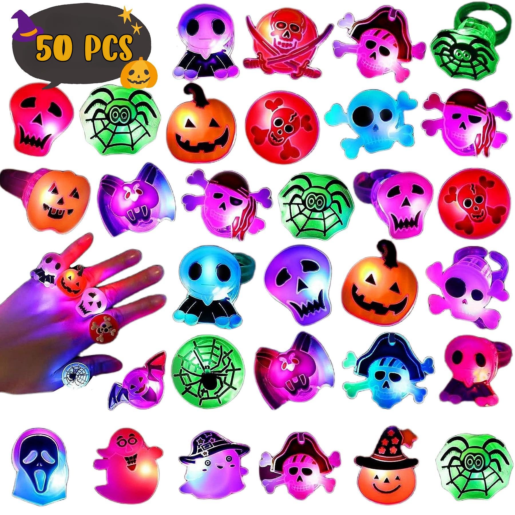 50 PCS Halloween LED Rings for Kids, Light Up Ring Toys Flash LED Ring Glow in t