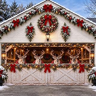Christmas Garage Door Cover 7x8/7x16FT Holiday Banner Reindeer & Farmhouse | Short Plush Washable Garage Door Cover Includes Mounting Kit Standard and Double Sizes For Home Wall Holiday Decor