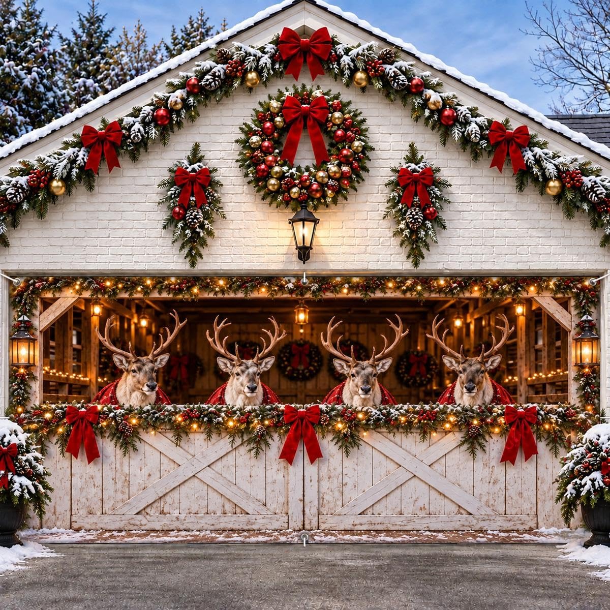Christmas Garage Door Cover 7x8/7x16FT Holiday Banner Reindeer & Farmhouse | Sho