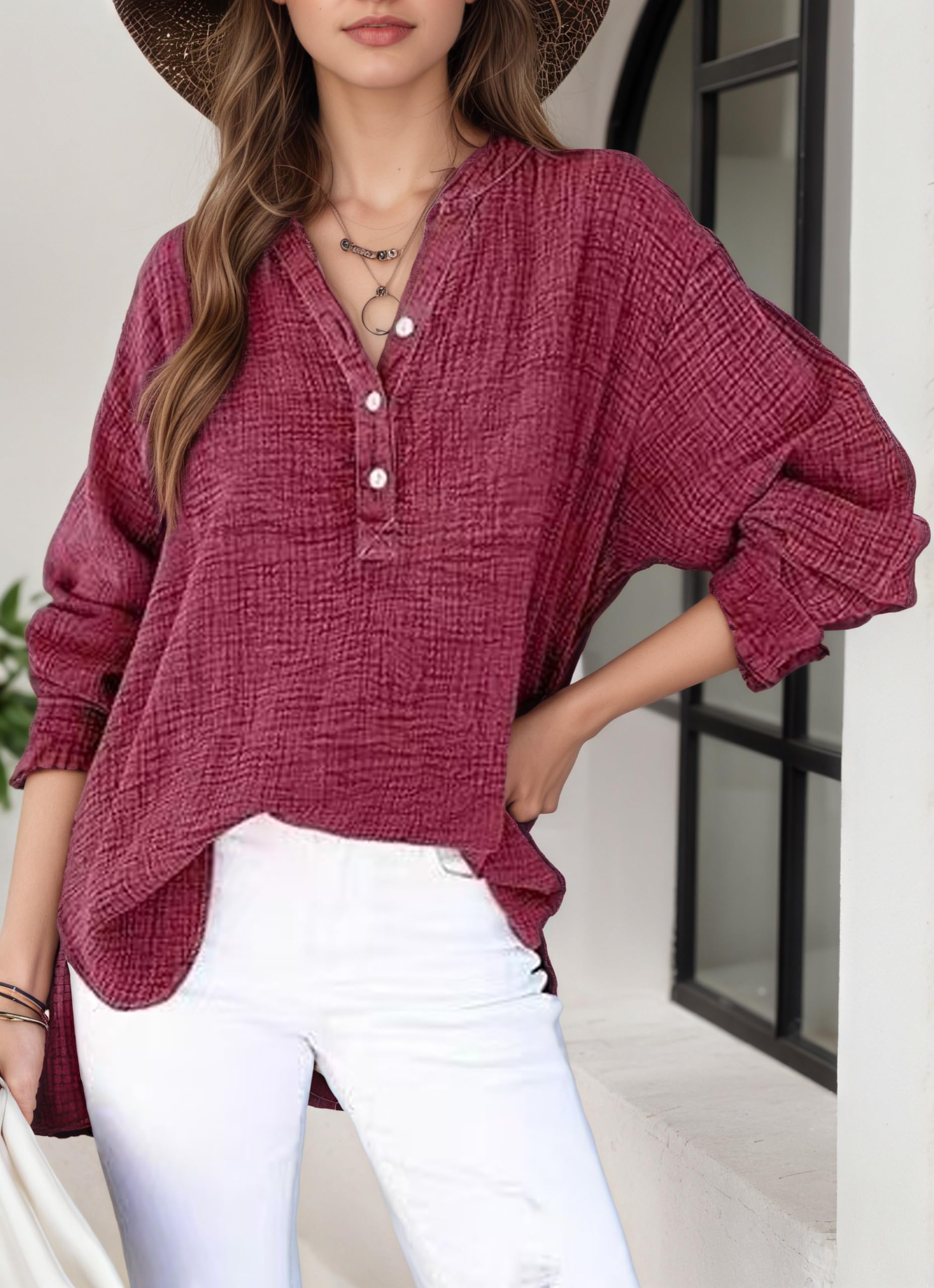 Women's Casual Long Sleeve Shirt, V-Neck Button Down Oversized Blouse with Wrink