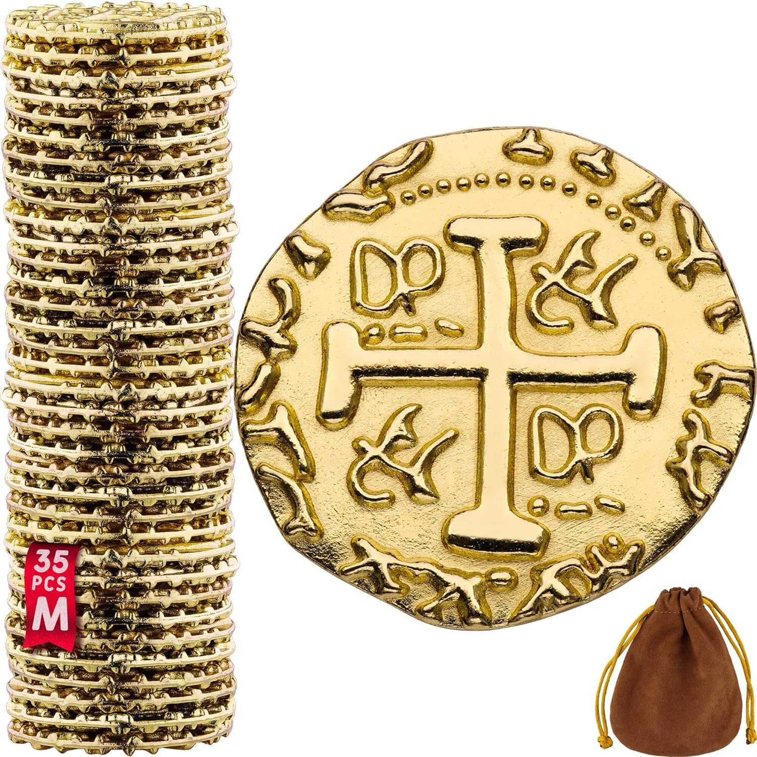 Leib Games Metal Pirate Coins - 35 Gold Treasure Coin Set, Metal Replica Spanish