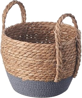 Eden & Willow Natural Straw Woven Plant Storage Basket, Home Organisation Hamper Basket with Handles (Grey, Small)