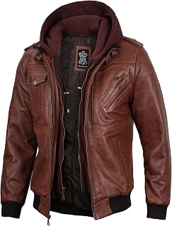 Blingsoul Mens Hooded Leather Jacket with Removable Hood, Biker Style Real Bomber Leather Jacket Men Wind Resistant Outerwear