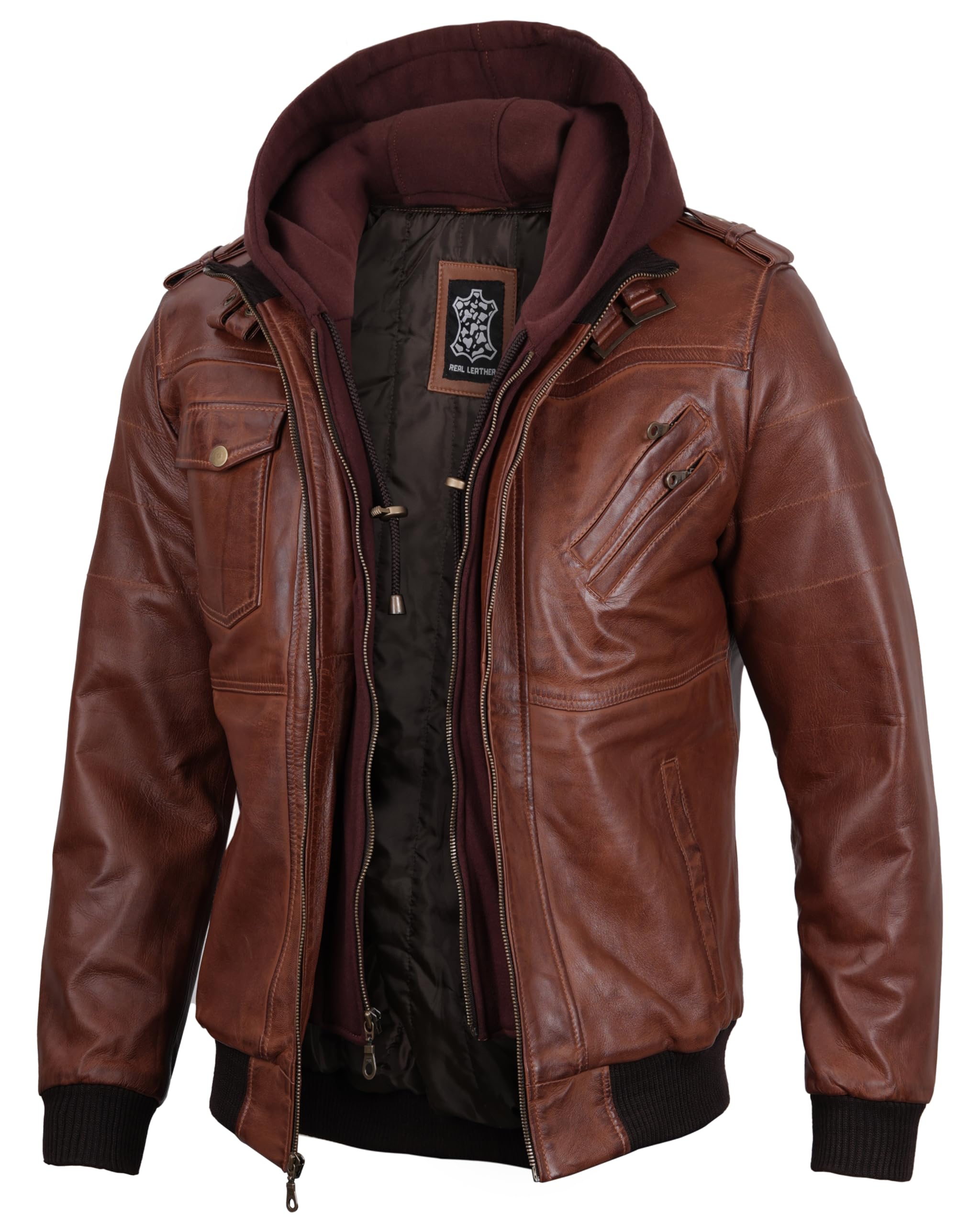 Blingsoul Mens Hooded Leather Jacket with Removable Hood, Biker Style Real Bombe
