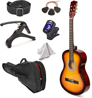30" Left Handed Wood Guitar with Case and Accessories for Kids/Girls/Boys/Teens/Beginners (Sun)