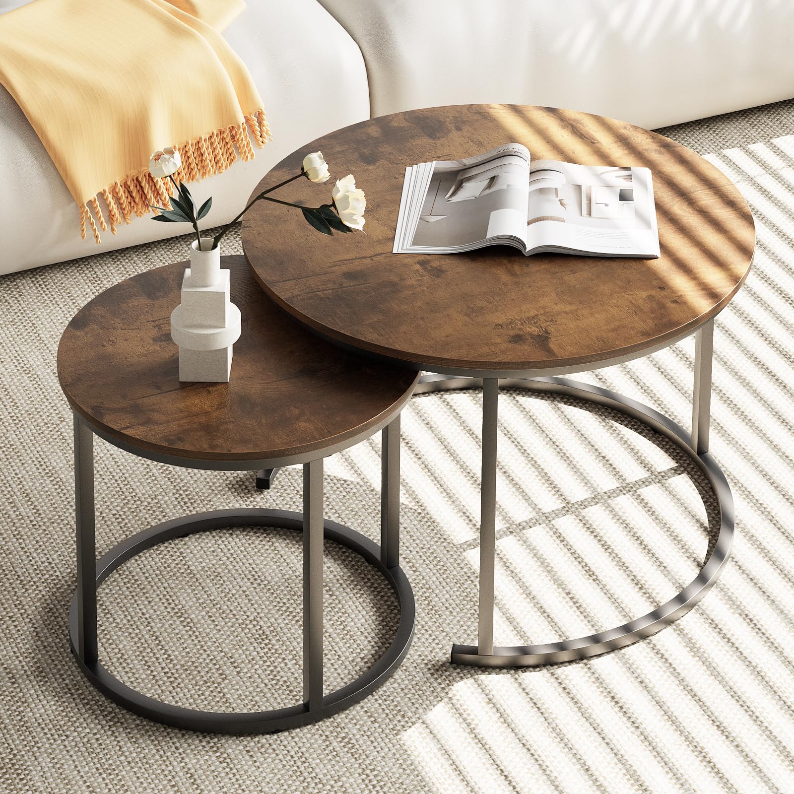 aboxoo Coffee Table Nesting Round Table Set of 2 Side Table with Sturdy Metal Fr