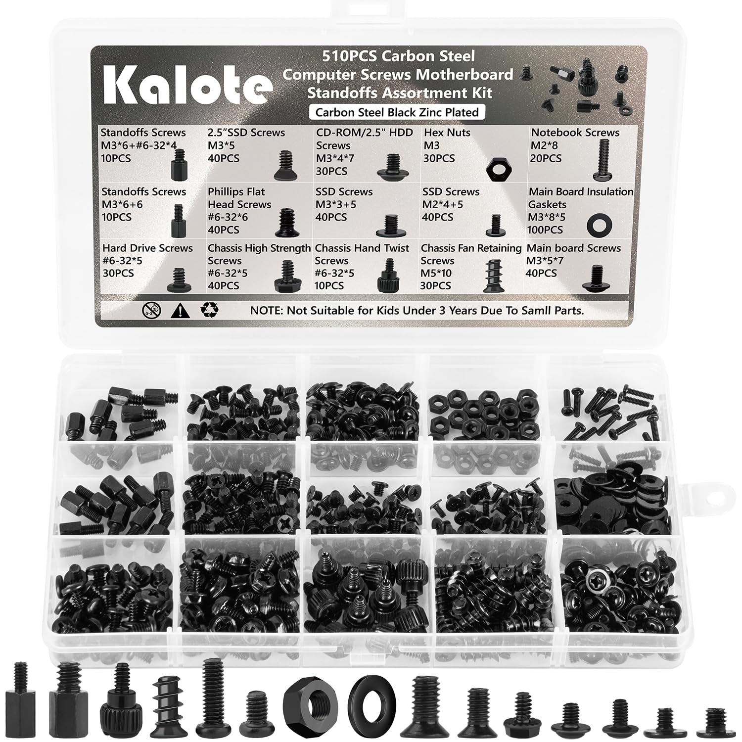 Kalote 510 Pcs PC Computer Screws Kit, Black Zinc Motherboard Standoffs Set | Hi