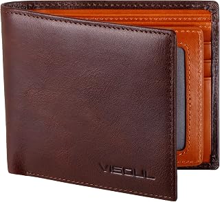 VISOUL Men's Leather RFID Blocking Wallet Extra Capacity, Bifold Security Wallet for Men with 2 ID Windows 8 Card Slots 2 Cash Compartments (Coffee and Dark Orange)