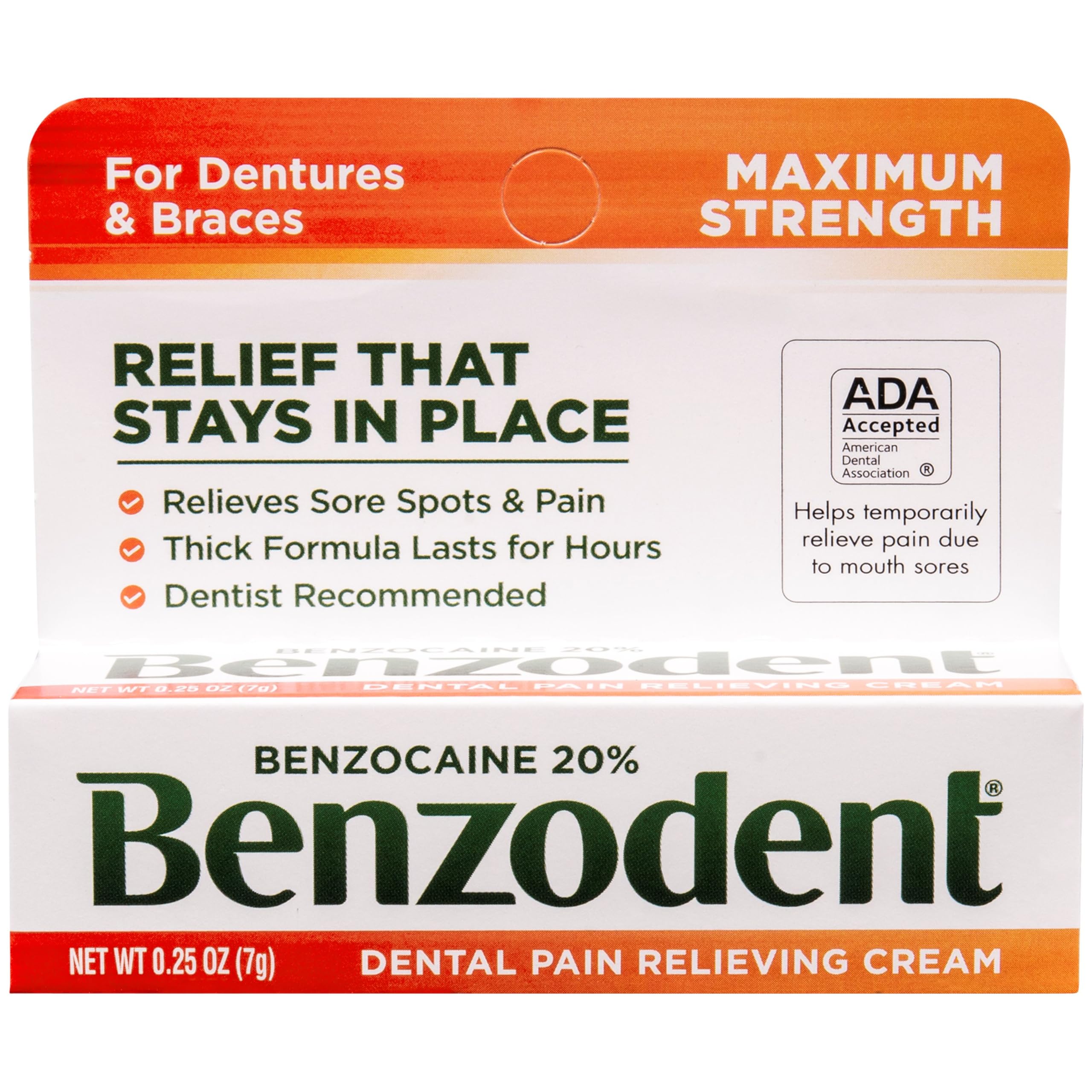 Benzodent Benzocaine Oral Numbing Cream, Gum Pain Relief for 12+, 0.25oz | Benzo