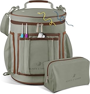 Hearth &amp; Harbor Crochet Bag Organizer – Durable Knitting Bag, Yarn Organizer for Accessories and Supplies, Canvas Yarn Holder, Crochet Carrying Case with Accessories Pouch, Storage Organizer – Green