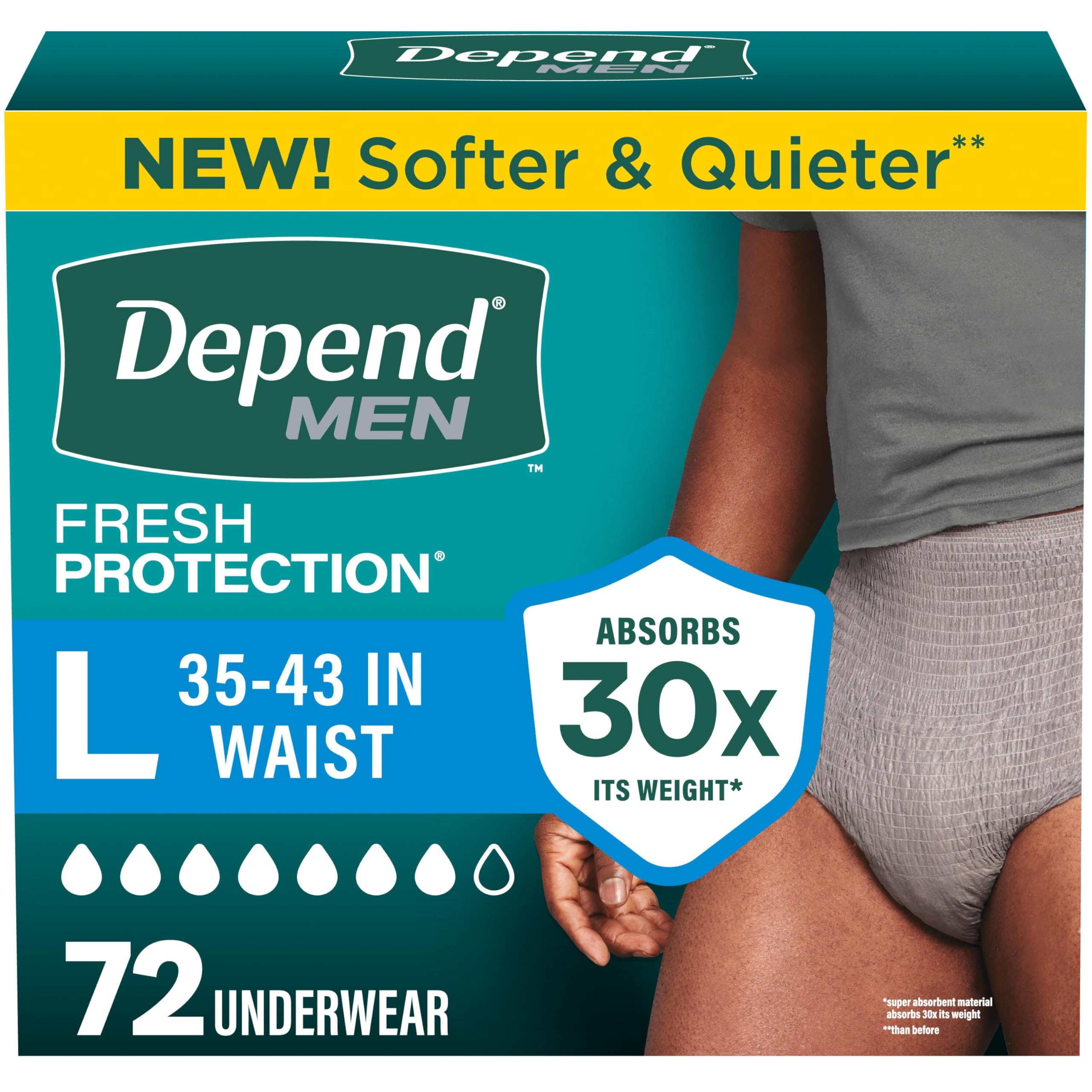 Depend Fresh Protection Adult Diapers for Men, Large, 72 Count | Grey, Disposabl
