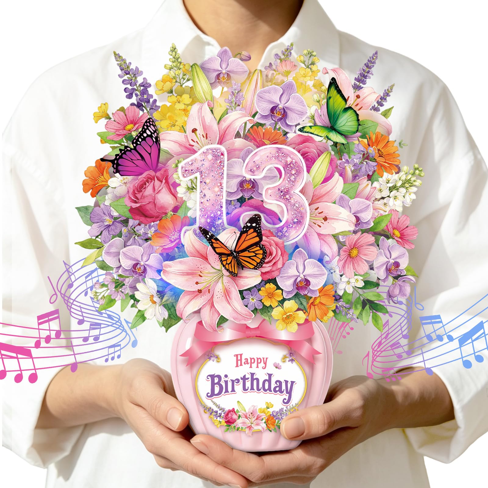 13th Birthday Card with Music & Lights,Pop Up Happy Birthday Card,Orchid Lilies 