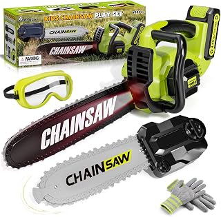 Pandapop Kids Gardening Tools Set, 2 In 1 Toy Chainsaw with Realistic Sound | Kids Yard Tools with Glasses & Gloves, Kids Chainsaw with LED Light, Toddler Outdoor Toys, Halloween Gifts for Boys 3 4 5 6 7