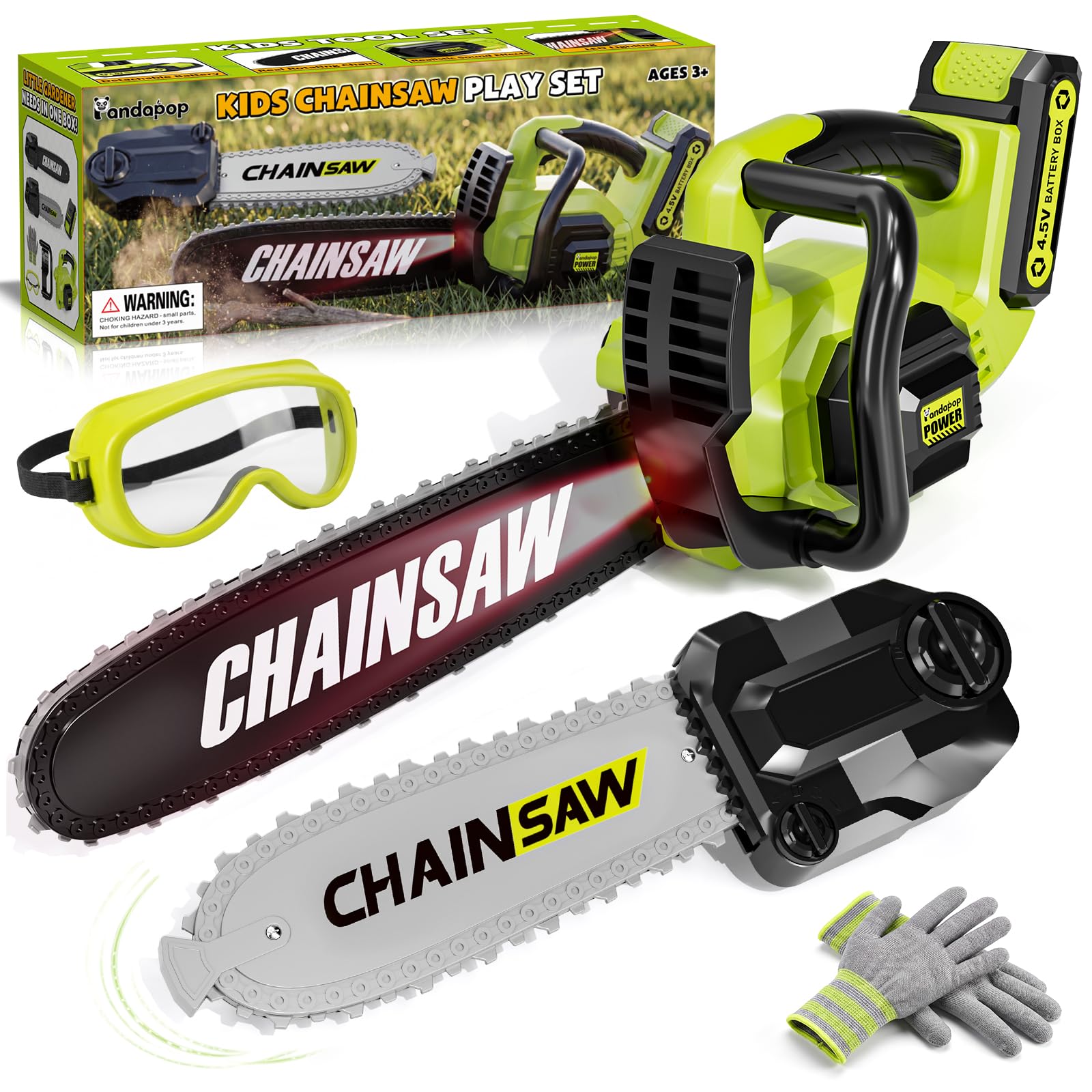 Pandapop Kids Gardening Tools Set, 2 In 1 Toy Chainsaw with Realistic Sound | Ki