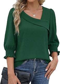 Funlingo 3/4 Length Sleeve Womens Tops Asymmetric Square Neck Dressy Casual Blouses Business Work Shirts with Smocked Cuffs